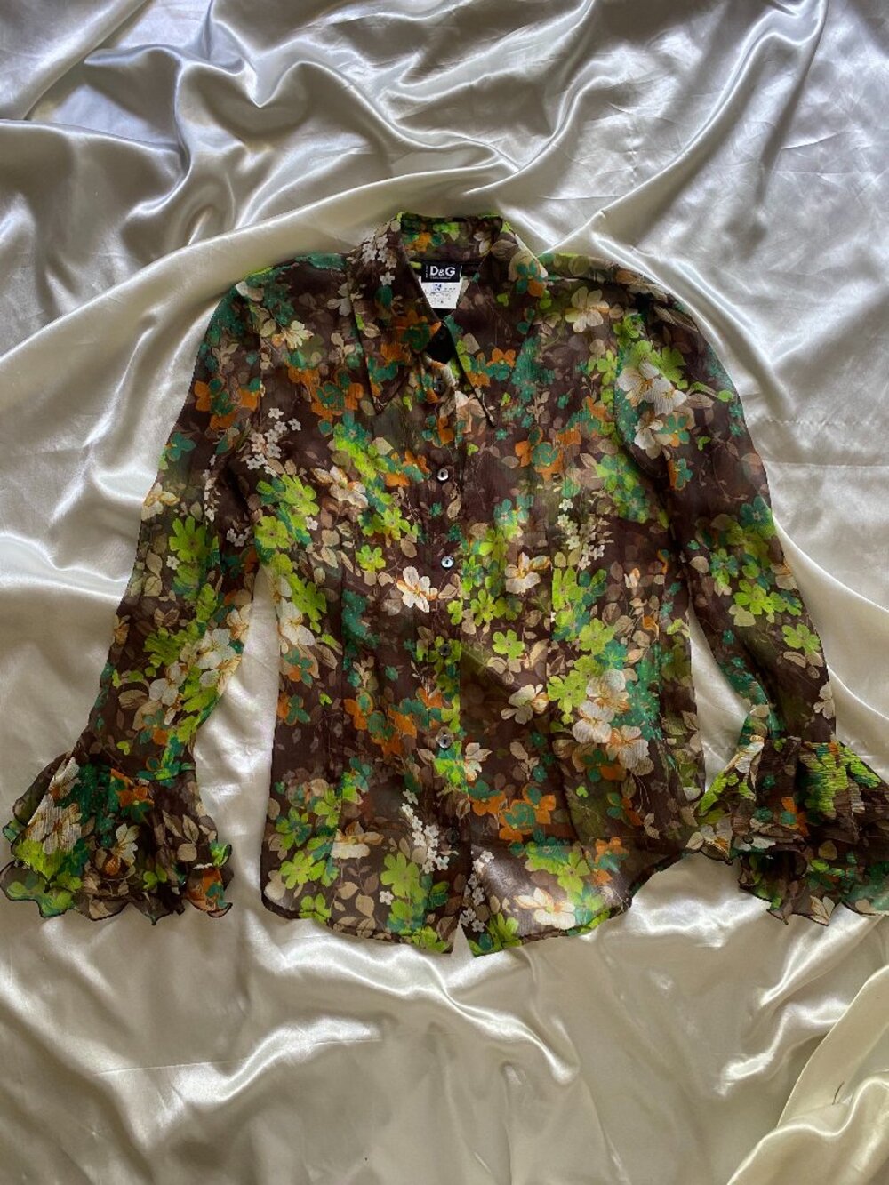 Dolce & Gabbana 100% Silk Chiffon Green Floral Blouse Ruffle Sleeve Boho Small